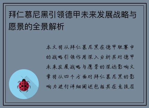 拜仁慕尼黑引领德甲未来发展战略与愿景的全景解析 拜仁慕尼黑引领德甲未来发展战略与愿景的全景解析