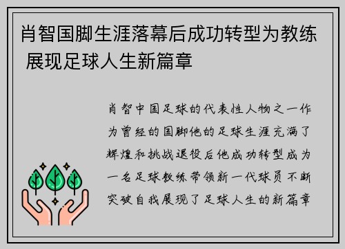 肖智国脚生涯落幕后成功转型为教练 展现足球人生新篇章